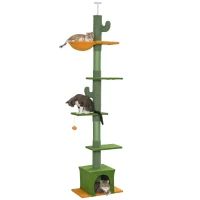 PawHut Árbol para Gatos de Suelo a Techo de 230-275 cm con Altura Ajustable Plataformas Cueva Hamaca Postes Bolas Verde(m-10)