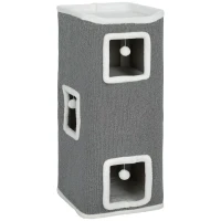 PawHut Torre para Gatos con 3 Casitas, 3 Pelotas y Plataforma, en Madera, Tejido y Peluche, 41x41x100 cm, Gris y Blanco(m-1)