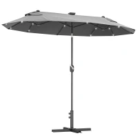 Outsunny  Umbrela de terasa cu doua fete cu lumini solare si baza in cruce, Umbrela de masa pentru exterior cu buton de inclinare, manivela, 2 orificii de ventilatie, pentru gradina, punte, Gri(m-11)
