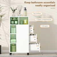 HOMCOM Mobiletto Bagno Salvaspazio con Ruote, 3 Cassetti e 5 Vani con Ripiani Regolabili, 20x40x80 cm, Bianco(m-4)