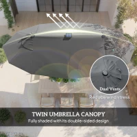 Outsunny  Umbrela de terasa cu doua fete cu lumini solare si baza in cruce, Umbrela de masa pentru exterior cu buton de inclinare, manivela, 2 orificii de ventilatie, pentru gradina, punte, Gri(m-6)