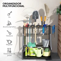 Outsunny Organizador de Ferramentas de Jardim de 3 Níveis para Garagem com Ganchos para Pás Ancinhos Vassouras 84x53x73 cm Preto(m-5)