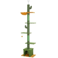 PawHut Árbol para Gatos de Suelo a Techo de 230-275 cm con Altura Ajustable Plataformas Cueva Hamaca Postes Bolas Verde(m-11)