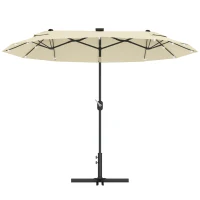 Outsunny Umbrelă Dublă Înclinabilă cu Manivelă, Lumini LED, Bază în Cruce şi Orificii de Ventilaţie, 295x150 cm, Alb Crem(m-10)