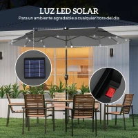 Outsunny Sombrilla de Jardín Doble 295x150x219 cm con Luces LED Solares Toldo con Inclinación Ajustable y Manivela Manual Gris(m-4)