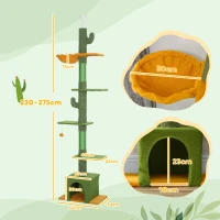 PawHut Árbol para Gatos de Suelo a Techo de 230-275 cm con Altura Ajustable Plataformas Cueva Hamaca Postes Bolas Verde(m-3)