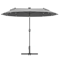 Outsunny  Umbrela de terasa cu doua fete cu lumini solare si baza in cruce, Umbrela de masa pentru exterior cu buton de inclinare, manivela, 2 orificii de ventilatie, pentru gradina, punte, Gri(m-10)