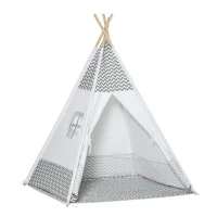HOMCOM Tienda de Campaña para Niños de +3 Años Tipi Infantil de Madera Portátil con Ventana Colchoneta y Bolsa de Transporte para Interiores y Exteriores 120x120x155 cm Gris(m-1)