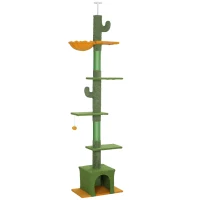 PawHut Árbol para Gatos de Suelo a Techo de 230-275 cm con Altura Ajustable Plataformas Cueva Hamaca Postes Bolas Verde(m-1)