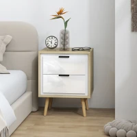 HOMCOM Mesita de noche estrecha, mesa auxiliar 2 cajones silenciosos y patas en madera maciza, 40 x 35 x 50 cm, blanco brillante(m-2)