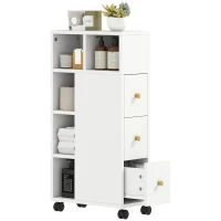 HOMCOM Mueble de Baño Ahorraespacio con Ruedas, 3 Cajones y 5 Compartimentos con Estantes Ajustables, 20x40x80 cm, Blanco(m-6)