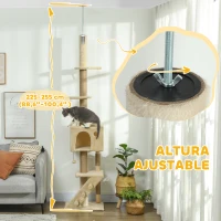PawHut Árbol para Gatos de Suelo a Techo de 225-255 cm con Altura Ajustable Múltiples Plataformas Escalera Bola Colgante Beige(m-4)