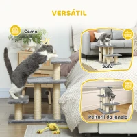 PawHut Escada para Gatos de 3 Degraus Altura Ajustável com Postes para Arranhar e Bola Pendurada Carga 10 kg 52x34,5x54 cm Cinzento(m-5)