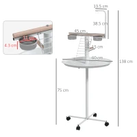 PawHut Bird Stand with Four Wheels, Perches, Stainless Steel Feed Bowls, Round Tray, for Garden, Indoor, Outdoor - White(m-3)