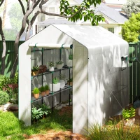 Outsunny Serra da Giardino 3 m² con 3 Ripiani, PE Rinforzata 135 g/m² Anti-UV, Porta Avvolgibile e Finestre in Rete, 143x215x190cm, Bianco(m-4)