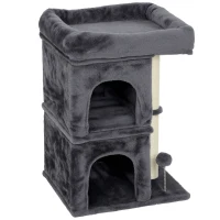 PawHut Arranhador para Gatos com Cama 2 Cavernas Poste de Sisal e Bola para Brincar 45x40x66 cm Cinzento Escuro(m-11)
