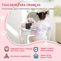 ZONEKIZ Toucador Infantil com Banco e Espelho Toucador de Maquilhagem com Gaveta Compartimentos Desenho de Unicórnio Branco(m-4)