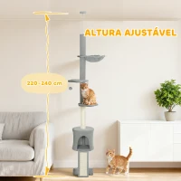 PawHut Arranhador para Gatos de Chão a Teto com Altura Ajustável de 220-240 cm Rede Plataformas em Flor Cavernas Rampa e Bola Cinza(m-4)