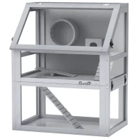 PawHut Wooden Hamster Cage with Detachable 32cm Deep Bottom, Hut, Seesaw, Exercise Wheel, Ramp, 60 x 40 x 75cm, Light Grey(m-11)