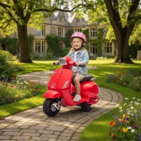 AIYAPLAY Mota Elétrica para Crianças 6V com Licença Vespa Rodas Auxiliares Velocidade de 2,5km/h Farol e Buzina 71x37x52 cm Vermelho(m-2)