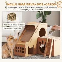 PawHut Arranhador para Gatos em Forma de Castelo 2 em 1 com 2 Áreas para Arranhar Catnip Rampa e Escada  67x66x57 cm Castanho(m-6)