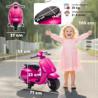AIYAPLAY Mota Elétrica para Crianças 6V com Licença Vespa Rodas Auxiliares Velocidade de 2,5km/h Farol e Buzina 71x37x52 cm Rosa(m-3)
