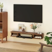 HOMCOM TV-Unterschrank bis 127 cm, wandhängend mit Klappschublade, 2 offenen Ablagen und Kabeldurchführung, 120x24x16 cm, Nussbaum(m-4)