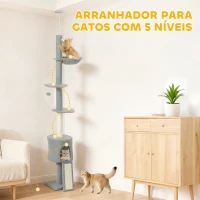 PawHut Arranhador para Gatos de Chão a Teto com Altura Ajustável de 220-240 cm Rede Plataformas em Flor Cavernas Rampa e Bola Cinza(m-6)