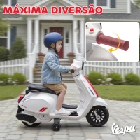 AIYAPLAY Mota Elétrica para Crianças 6V com Licença Vespa Rodas Auxiliares Velocidade de 2,5km/h Farol e Buzina 71x37x52 cm Branco(m-6)