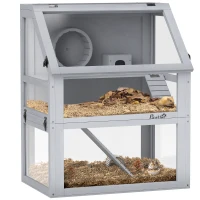 PawHut Wooden Hamster Cage with Detachable 32cm Deep Bottom, Hut, Seesaw, Exercise Wheel, Ramp, 60 x 40 x 75cm, Light Grey(m-10)