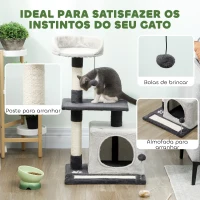 PawHut Arranhador para Gatos com Plataformas Caverna Postes Arranhadores Tapete de Sisal e Bolas 48x40x85 cm Cinzento Claro e Preto(m-4)