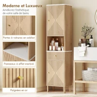 HOMCOM Armoire salle de bain haute meuble de rangement colonne avec tiroir coulissant silencieux 2 placards 41,5x30x168cm chêne(m-4)