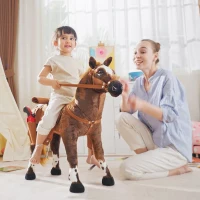 HOMCOM Cavallo a Dondolo per Bambini 2+ Anni con Nitrito, Sella e Staffe, in Peluche e Metallo, 85x28x60 cm, Marrone(m-2)