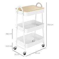 HOMCOM Carrinho Auxiliar com Rodas de 3 Níveis Carrinho de Cozinha com 3 Cestas de Aço e 1 Bancada de Madeira 45x31x79,4 cm Branco(m-3)