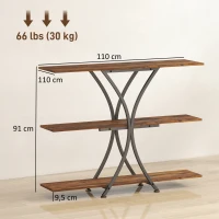 HOMCOM Mesa Consola de 3 Níveis Estilo Industrial com 2 Prateleiras Abertas e Estrutura Metálica em X Consola Estreita 110x30x91 cm Castanho Rústico(m-3)