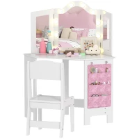 AIYAPLAY Kids Dressing Table and Stool Set, Girls Vanity Table with 2-Colour LED Lights, Tri-Folding Mirror, White(m-10)