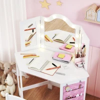 AIYAPLAY Kids Dressing Table and Stool Set, Girls Vanity Table with 2-Colour LED Lights, Tri-Folding Mirror, White(m-9)