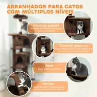 PawHut Arranhador para Gatos com Múltiplas Plataformas Cama 2 Cavernas Rede Escada Postes de Sisal 56x56x180 cm Marrom(m-4)