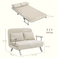HOMCOM Divano letto 2 posti con schienale regolabile e 2 cuscini, rivestimento in tessuto effetto scamosciato, Beige(m-3)