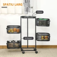 HOMCOM Carucior utilitar rulant  cu cosuri metalice rotative, Carucior de serviciu cu 4 niveluri de depozitare cu blat, Negru(m-4)