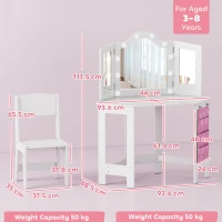 AIYAPLAY Kids Dressing Table and Stool Set, Girls Vanity Table with 2-Colour LED Lights, Tri-Folding Mirror, White(m-3)