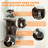 PawHut Arranhador para Gatos com Múltiplas Plataformas Cama 2 Cavernas Rede Escada Postes de Sisal 48x48x140 cm Marrom(m-4)