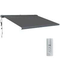 Outsunny 4 x 3(m) Full Cassette Electric Awning with Remote Controller, Aluminium Frame DIY Retractable Garden Awning, UPF50+ Sun Shade Canopy for Deck Door Window, Dark Grey(m-10)