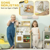 AIYAPLAY Cozinha de Brincar em Madeira com Som Acessórios em Aço Inoxidável Micro-Ondas Forno Lava-Loiças Legumes para Cortar 55x24x96 cm Dourado(m-4)