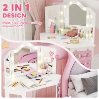 AIYAPLAY Kids Dressing Table and Stool Set, Girls Vanity Table with 2-Colour LED Lights, Tri-Folding Mirror, White(m-4)