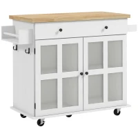 HOMCOM Carrinho Ilha de Cozinha Tampo 95x46 cm Gaveta 2 Armários com Vidro Porta-Temperos Branco(m-1)