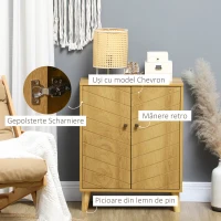 Dulap de depozitare vintage HOMCOM cu usi chevron duble si picioare din lemn de pin, dulap lateral pentru living, bucatarie, dormitor, efect de lemn natural(m-6)