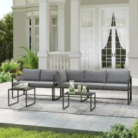 Outsunny Conjunto de Jardim Exterior de Canto 4 Peças com 2 Sofás e 2 Mesas de Centro Encaixáveis em Vidro Temperado Cinza(m-5)