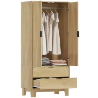 HOMCOM Guarda-Roupa 2 Portas com Fecho Suave 2 Gavetas e Varão 80x50x180 cm Madeira Natural(m-6)