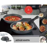 Batterie de cuisine ARTHUR MARTIN AM521GM Set de 3 poeles - Gris Mat 20-24-28 cm + 1 poignée amovible - Tous feux dont induction(m-3)